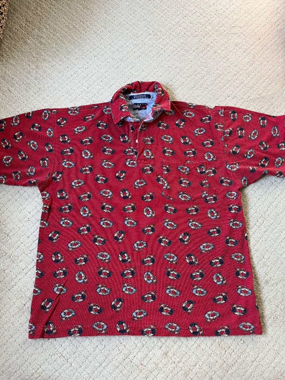 Vintage Tommy Hilfiger Polo Shirt Medium Red Nautical Crest Print 90s Preppy Men